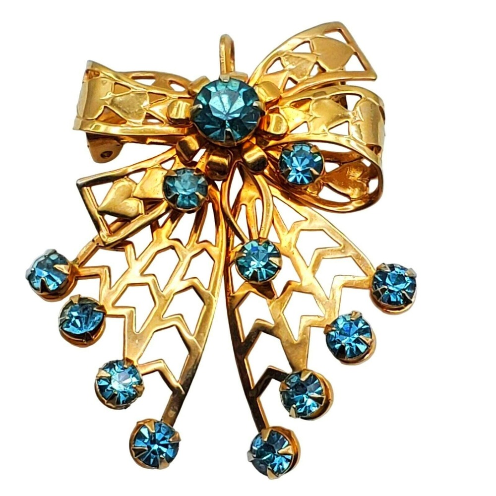 Blue Rhinestone Ribbon Brooch Gold Tone Pendant Dangle Pin Bow Arrow 40s Vintage